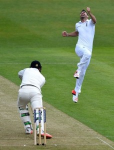 James Anderson celebrates Guptil's wicket as 400th test wicket.