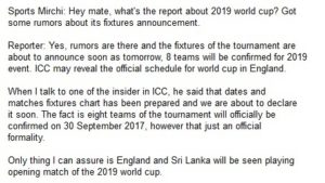 England to play Sri-Lanka in 2019 world cup opener