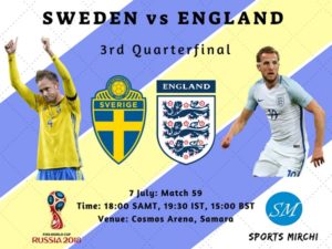 Sweden vs England Quarterfinal 2018 world cup tv channels listing