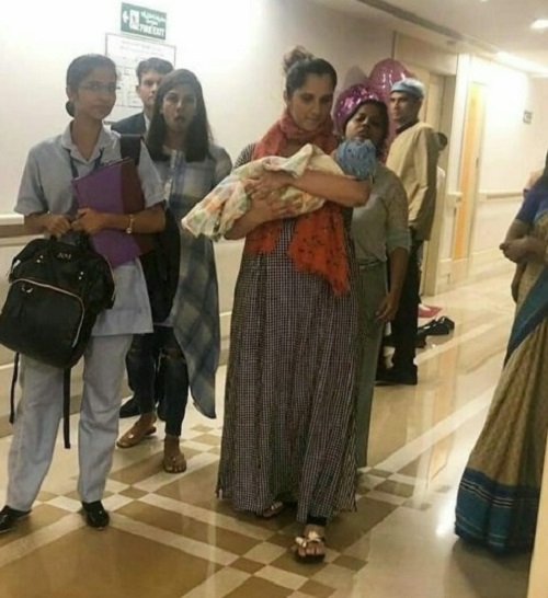 Sania Mirza coming out with baby boy Izhaan from Hyderabad Rainbow hospital