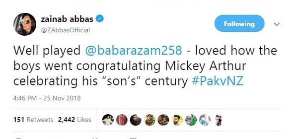 Zainab Abbas called Babar Azam son of coach Mickey Arthur